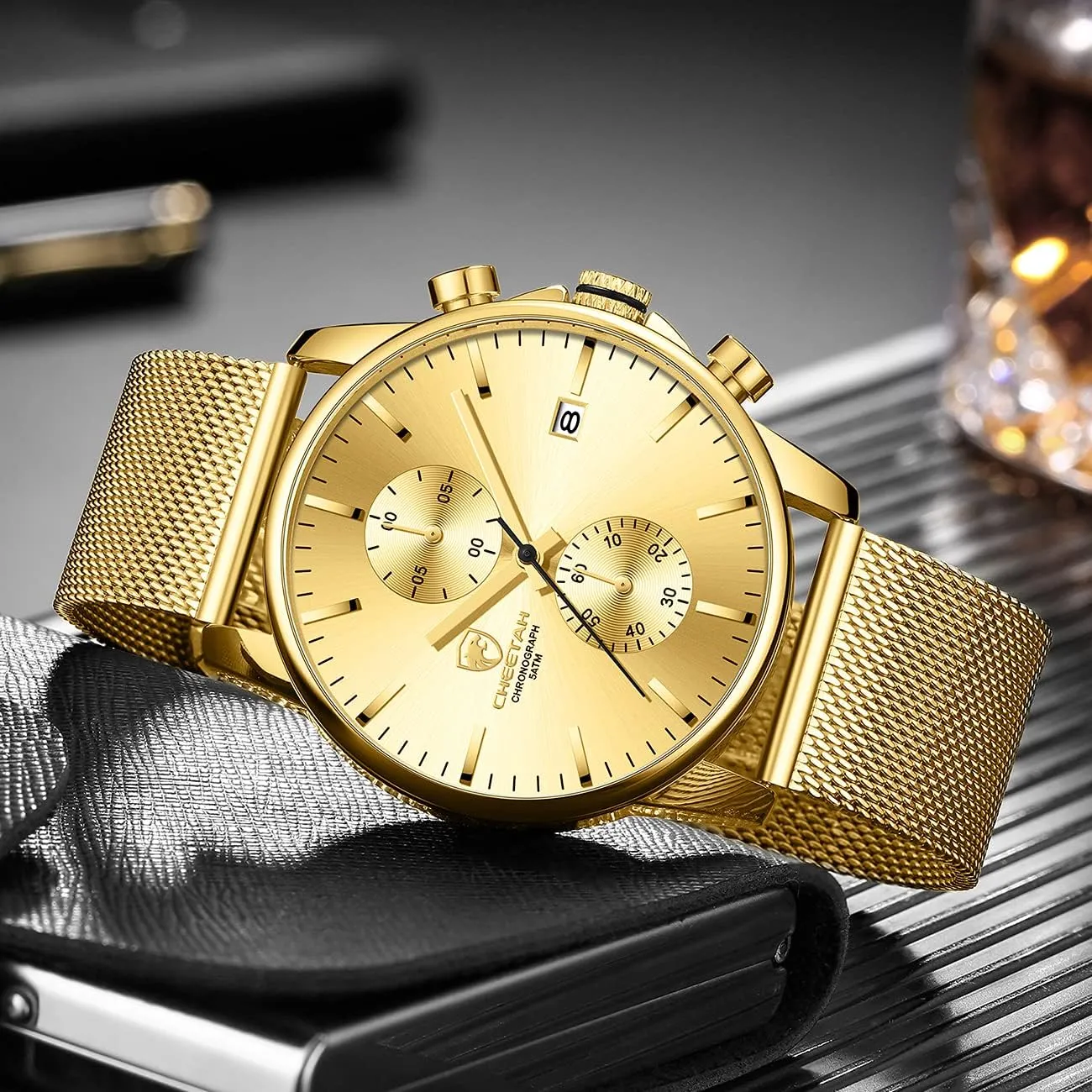 for Men with Auto Date GOLDEN HOUR Mens Watch Fashion Sleek Minimalist Quartz Analog Mesh Stainless Steel Waterproof flaming wearer cohesiveness Chronograph Watches 