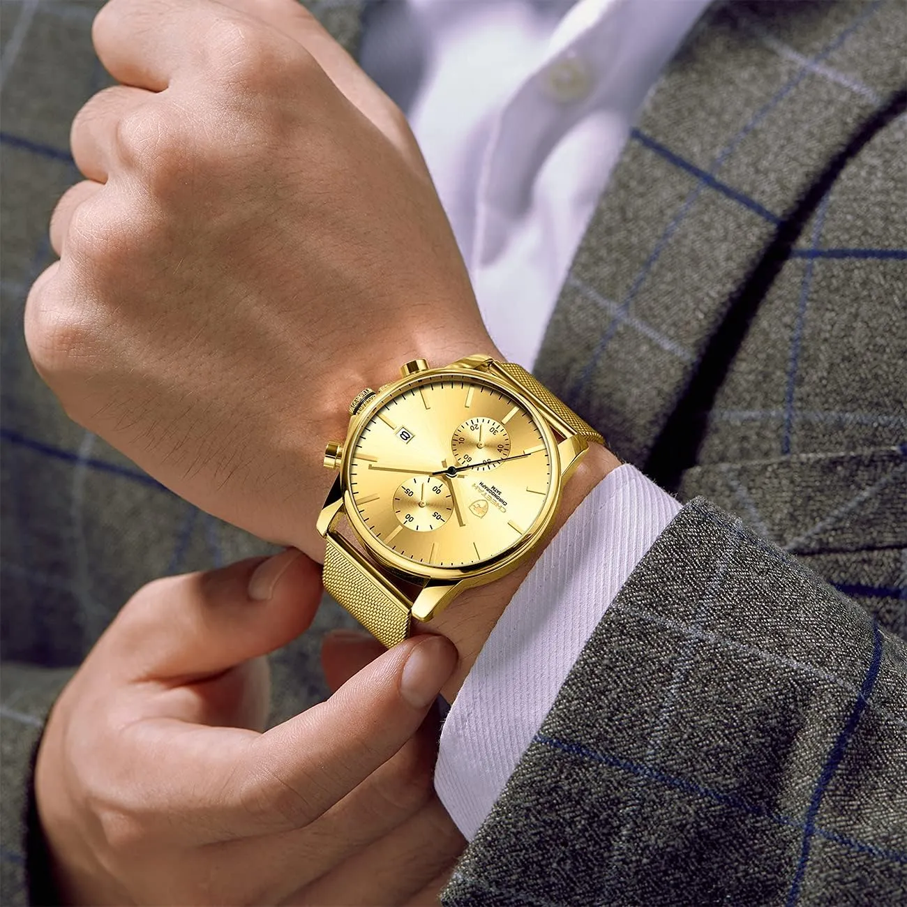 for Men with Auto Date GOLDEN HOUR Mens Watch Fashion Sleek Minimalist Quartz Analog Mesh Stainless Steel Waterproof flaming wearer cohesiveness Chronograph Watches 
