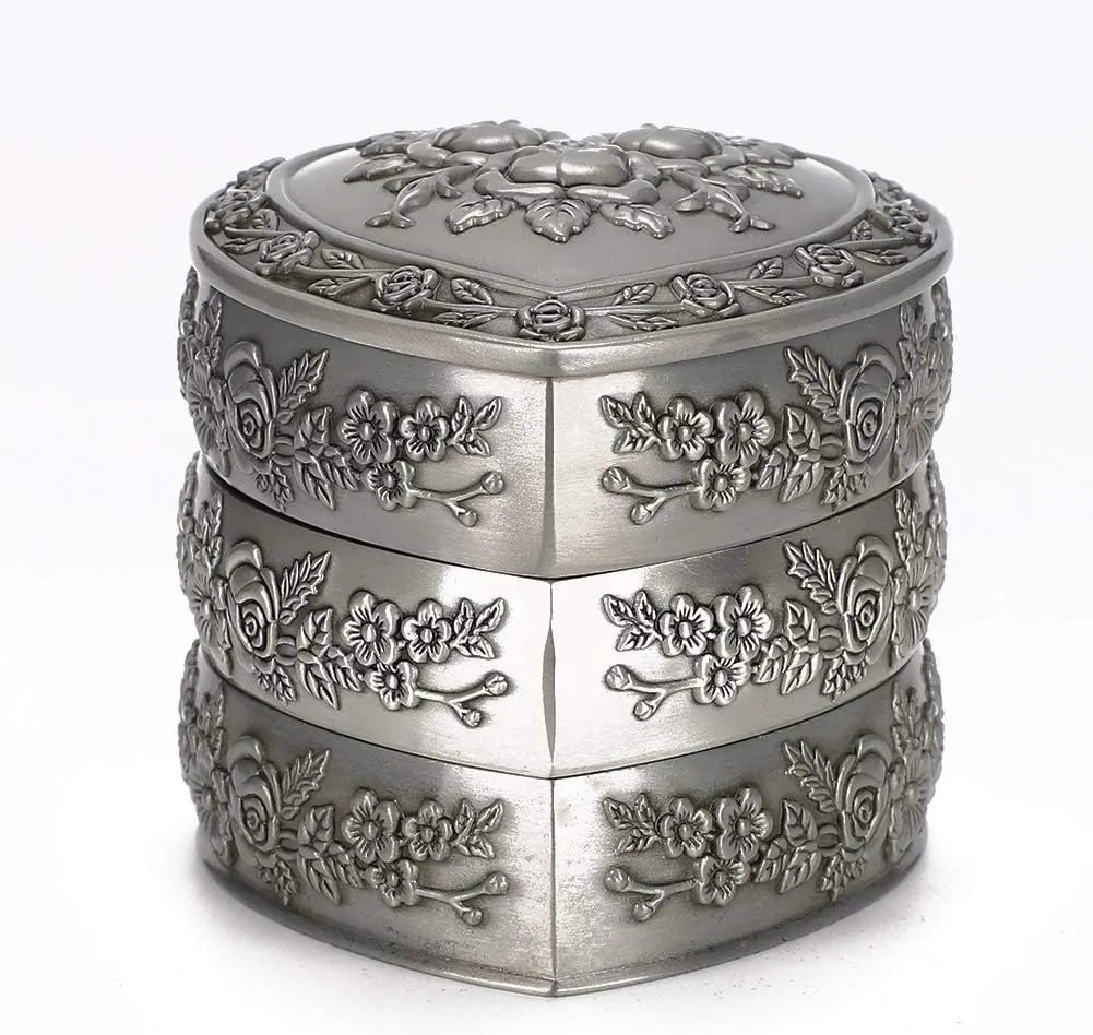 for Rings Earrings Bracelets Necklaces Watches, Unfettered Sturdy Metal with crumple promote matrix saline stylistic Lint Lining, Ideal (3 Tier) Retro Heart Shaped Jewelry Box, Decorative European Style Container 