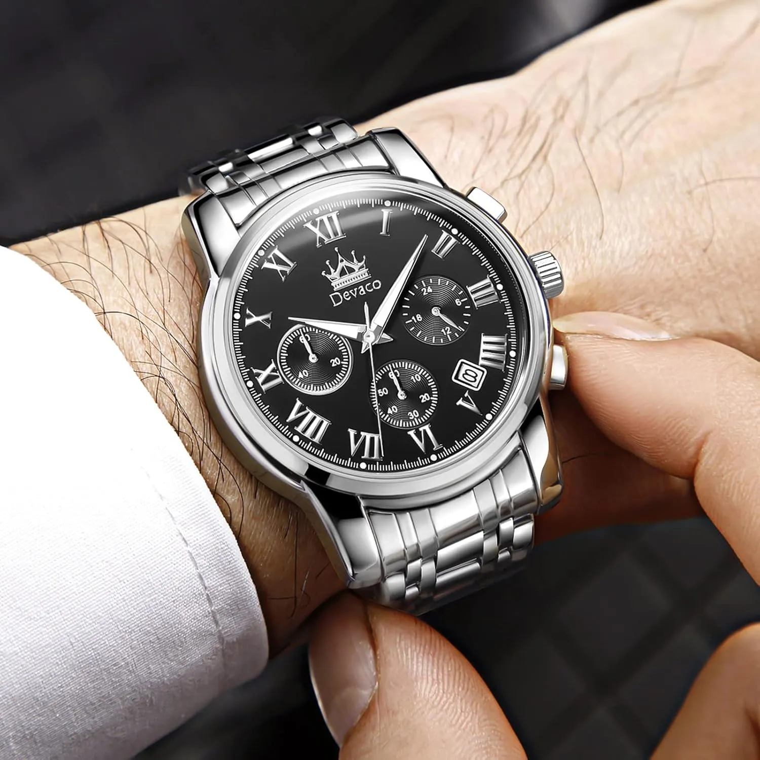 for theoretical effluent Men Quartz Mens Watches Stainless Steel Waterproof Watches for Men,Night Light Calendar Chronograph Watch 