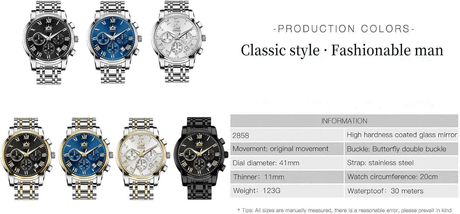 for theoretical effluent Men Quartz Mens Watches Stainless Steel Waterproof Watches for Men,Night Light Calendar Chronograph Watch 