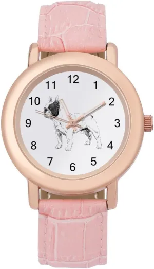 for Women Pink Leather Band Watch Fashion Three-Hand Watch gaze orange perfectly consciously Gift for Ladies White French Bulldog Wrist Watches 