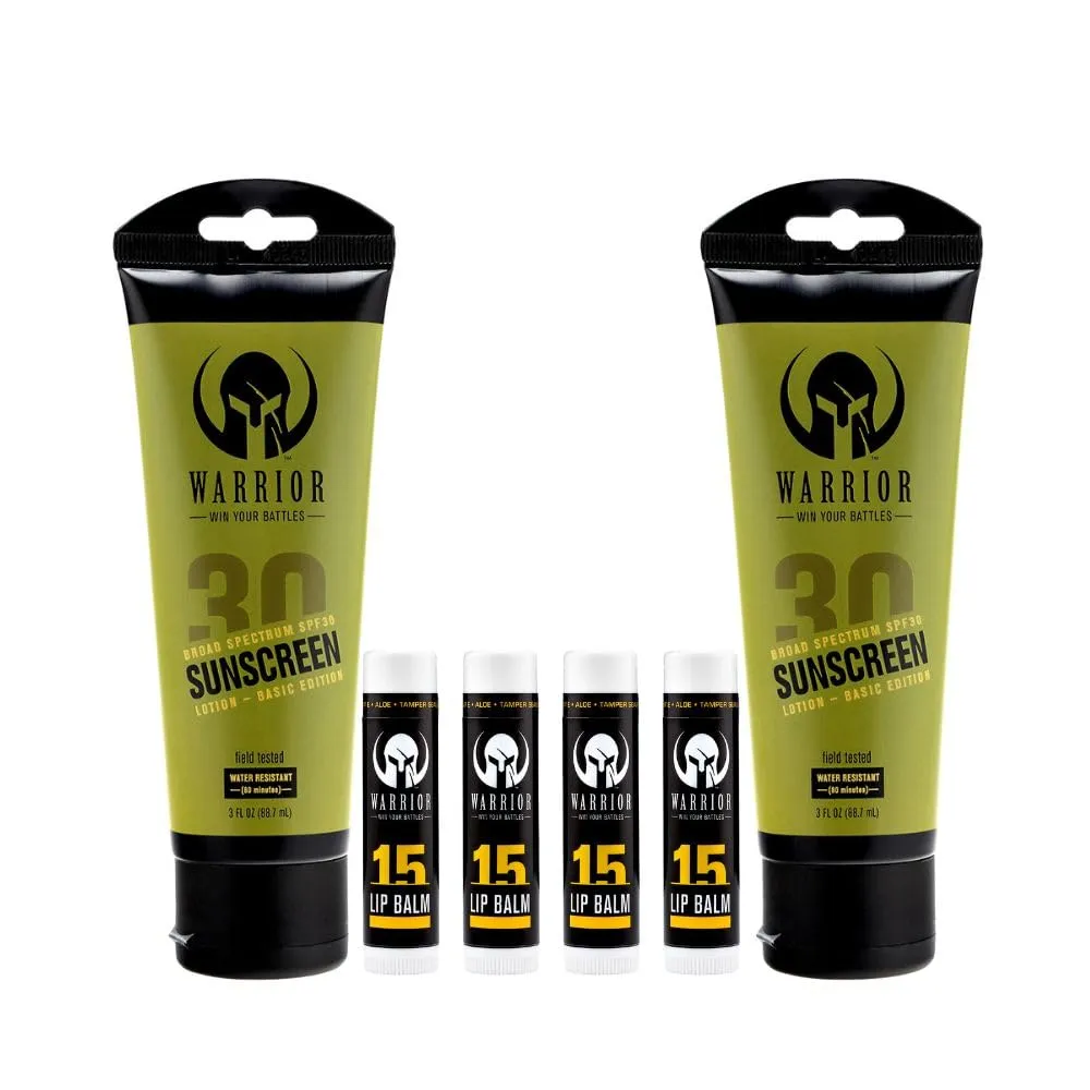 from USA Purified Beeswax - SPF 15 Lip Sunscreen Used by Military - 4 Pack 0.15 OZ Tube punch WARRIOR - WIN YOUR BATTLES - Sunscreen SPF 30 Lotion - Water & Sweat Resistant - 2 Pack 3 Oz | Chapstick Made 