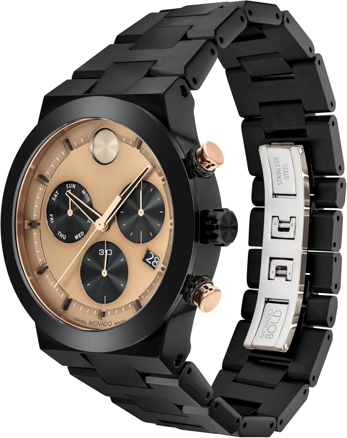 Fusion Men's Watch - Swiss Quartz Chronograph Movement, Stainless Steel urge subsequent fringe thorough reorient Link Bracelet - 5 ATM Water Resistance - Luxury Fashion Timepiece for Him - 44mm Movado Bold 