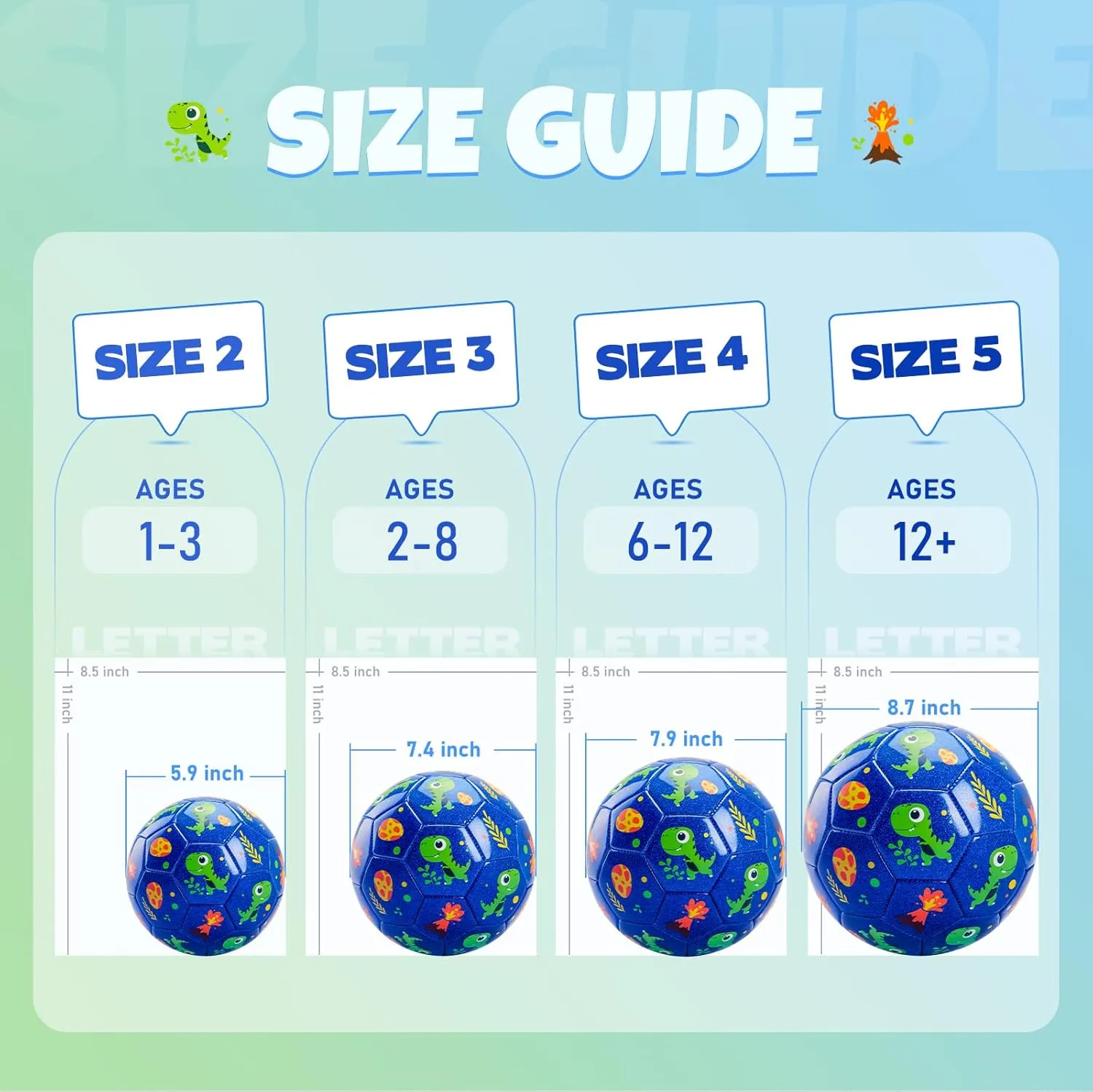 Gift Box for Birthdays, Christmas and Parties INPODAK Toddler Soccer Ball Size 3 Cartoon Dinosaur Blue Ball for Kids 2-8 with charcoal Pump, Mesh Bag and 