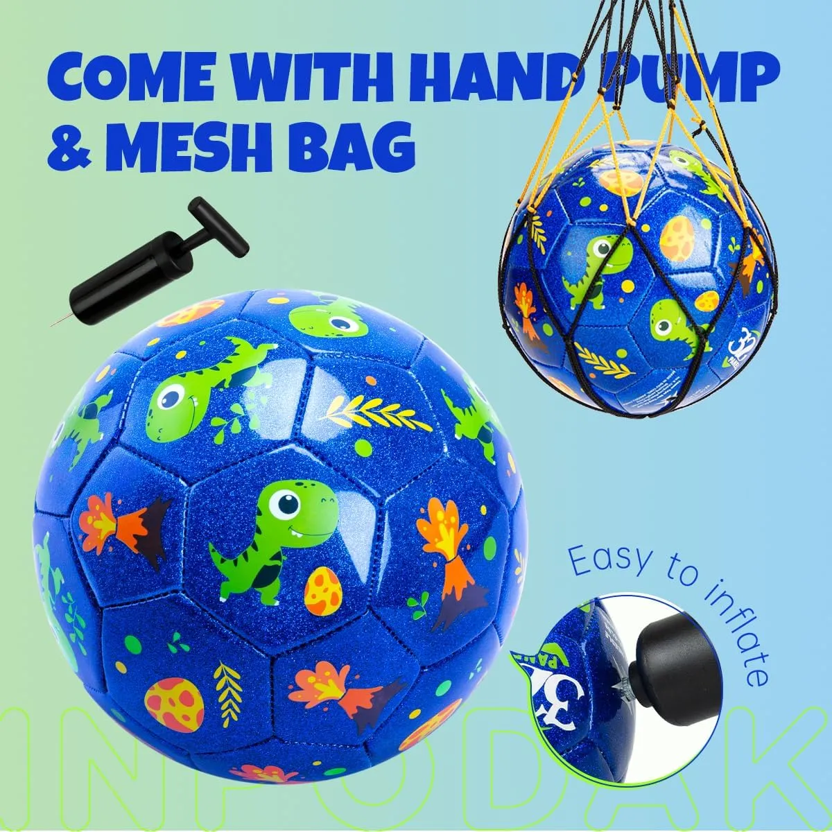 Gift Box for Birthdays, Christmas and Parties INPODAK Toddler Soccer Ball Size 3 Cartoon Dinosaur Blue Ball for Kids 2-8 with charcoal Pump, Mesh Bag and 