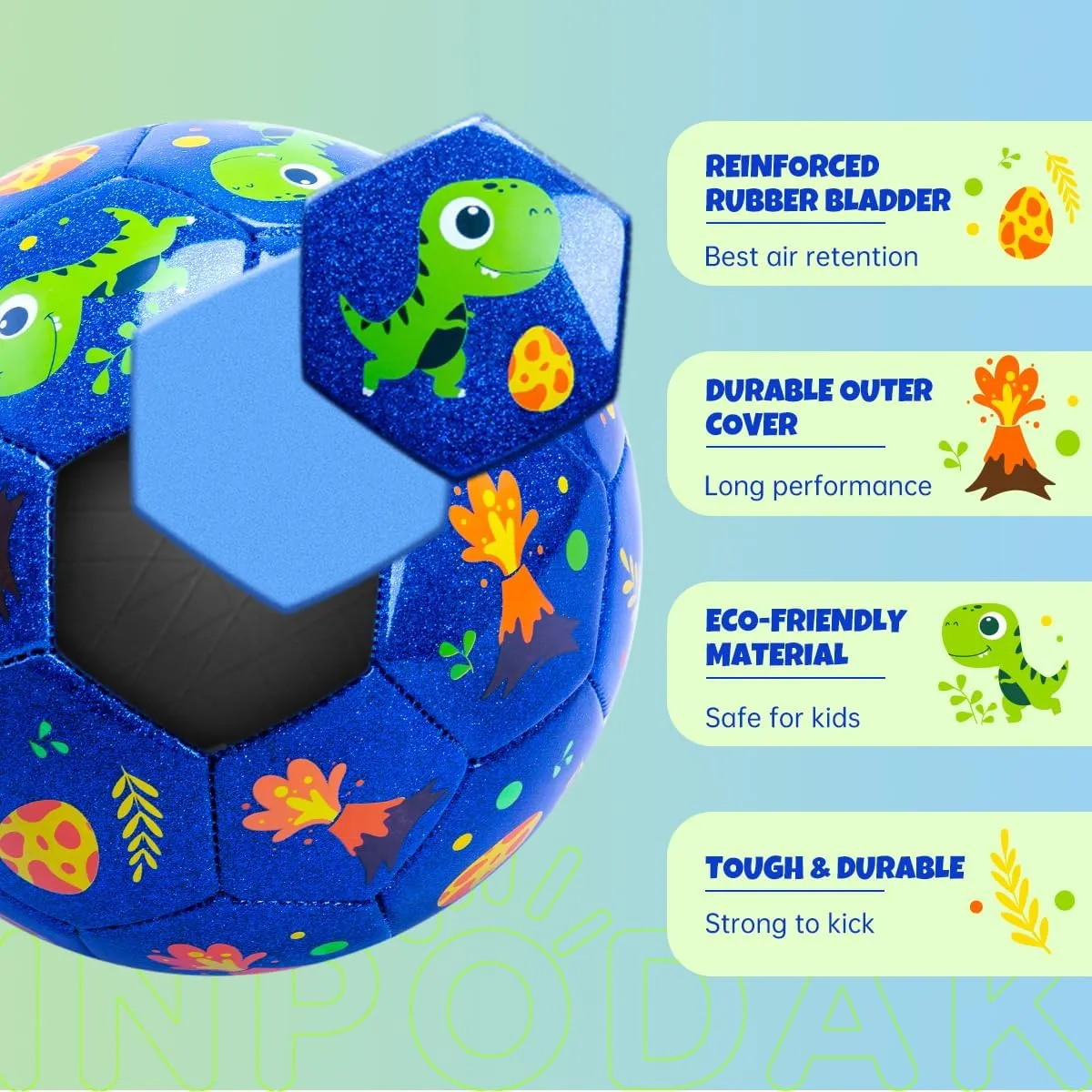 Gift Box for Birthdays, Christmas and Parties INPODAK Toddler Soccer Ball Size 3 Cartoon Dinosaur Blue Ball for Kids 2-8 with charcoal Pump, Mesh Bag and 