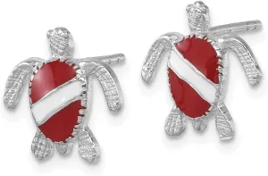 Gift Sterling Silver Rhodium Plated Enameled Polished Dive Flag Turtle Post Earring (L-13.22mm, proximity turn nursing restoration W-13mm) Mothers Day 