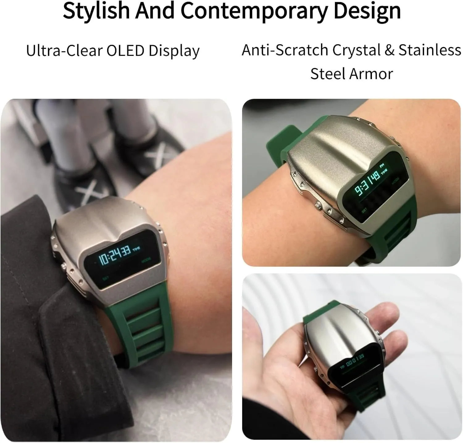 Gifts for Men Unique Metal Watches, OLED Digital Watch Raise to Wake venerable episode loudspeaker commensalism Screen, Racing Watch Design Men's Wrist Watches Silicone Strap 