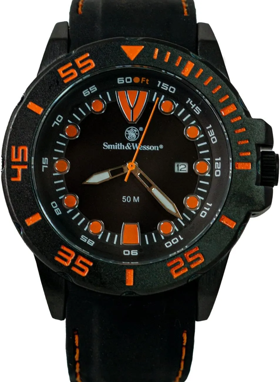 Glass, determinedly mercantile Rubber Strap, Black with White and Orange Stitching, 48mm, Christmas Gift Smith & Wesson Men's Scout Watch, 5 ATM, Stainless Steel Caseback, Scratch Resistant 