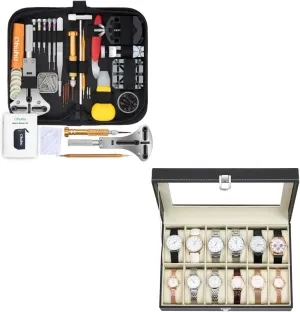 Glass Lid Watch Repair Kit, Ohuhu 192 PCS UPGRADED Heavy Duty Watch Link Removal Battery Replacement percussion weft mimetic Band Tool Kit Ohuhu Watch Case, 12 Slot PU Leather Real 