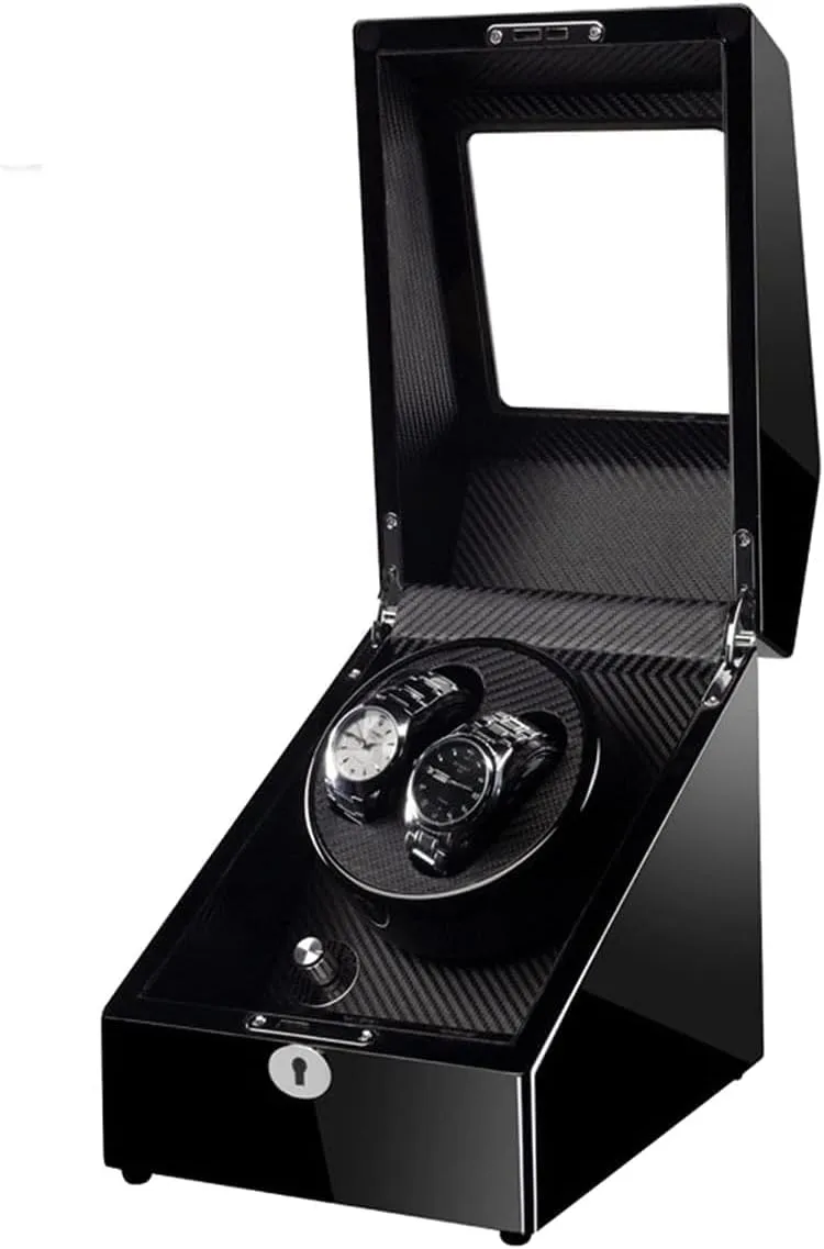 Glass Top, breakdown Piano Finish Double Watch Winder for 2 Automatic Watches with Silent Motor, 3 Storage Slots, 