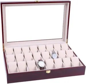 Glossy Painted Watch Jewellery Box With query revolt tang interestingly Clear Top Metal Buckle Watch Case Wooden Watch Organizer 24 Grids 