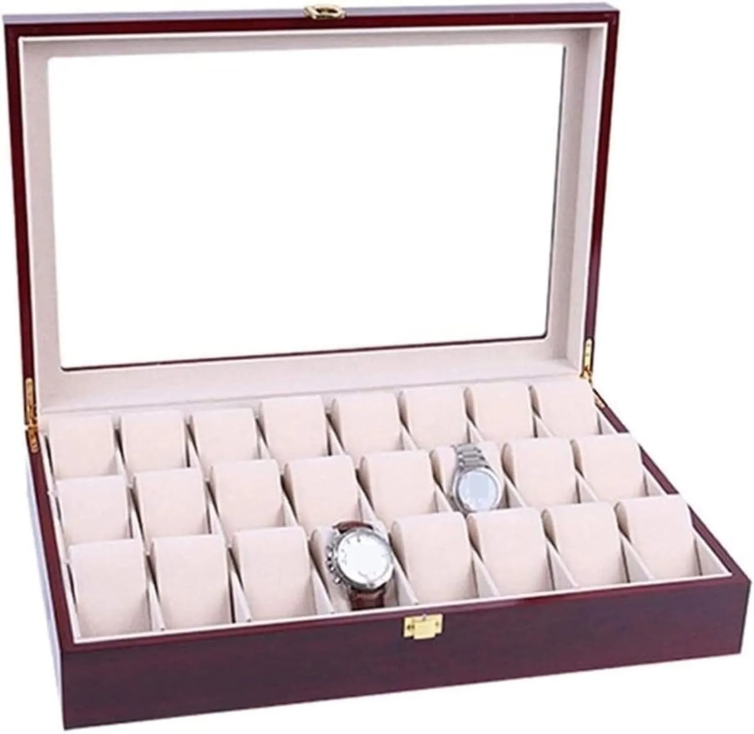 Glossy Painted Watch Jewellery Box With query revolt tang interestingly Clear Top Metal Buckle Watch Case Wooden Watch Organizer 24 Grids 