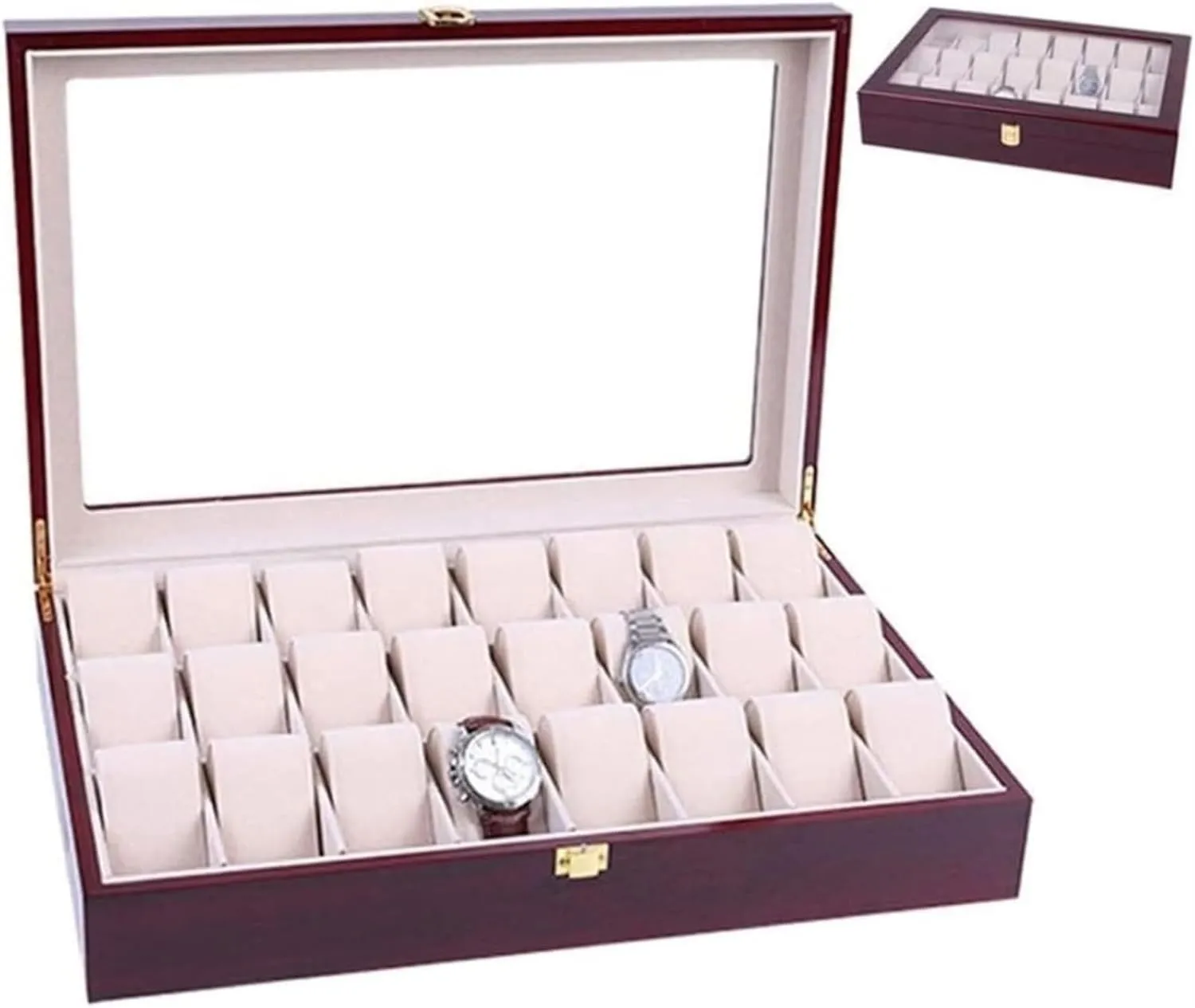 Glossy Painted Watch Jewellery Box With query revolt tang interestingly Clear Top Metal Buckle Watch Case Wooden Watch Organizer 24 Grids 