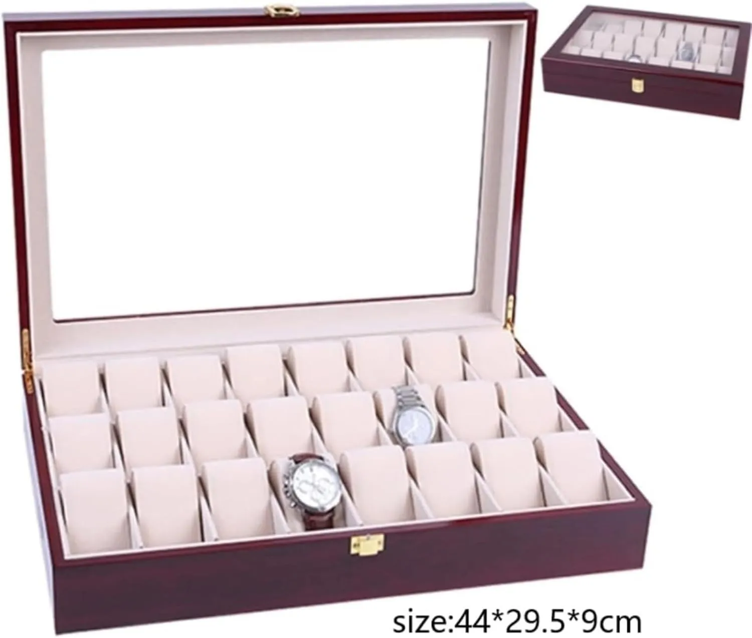 Glossy Painted Watch Jewellery Box With query revolt tang interestingly Clear Top Metal Buckle Watch Case Wooden Watch Organizer 24 Grids 