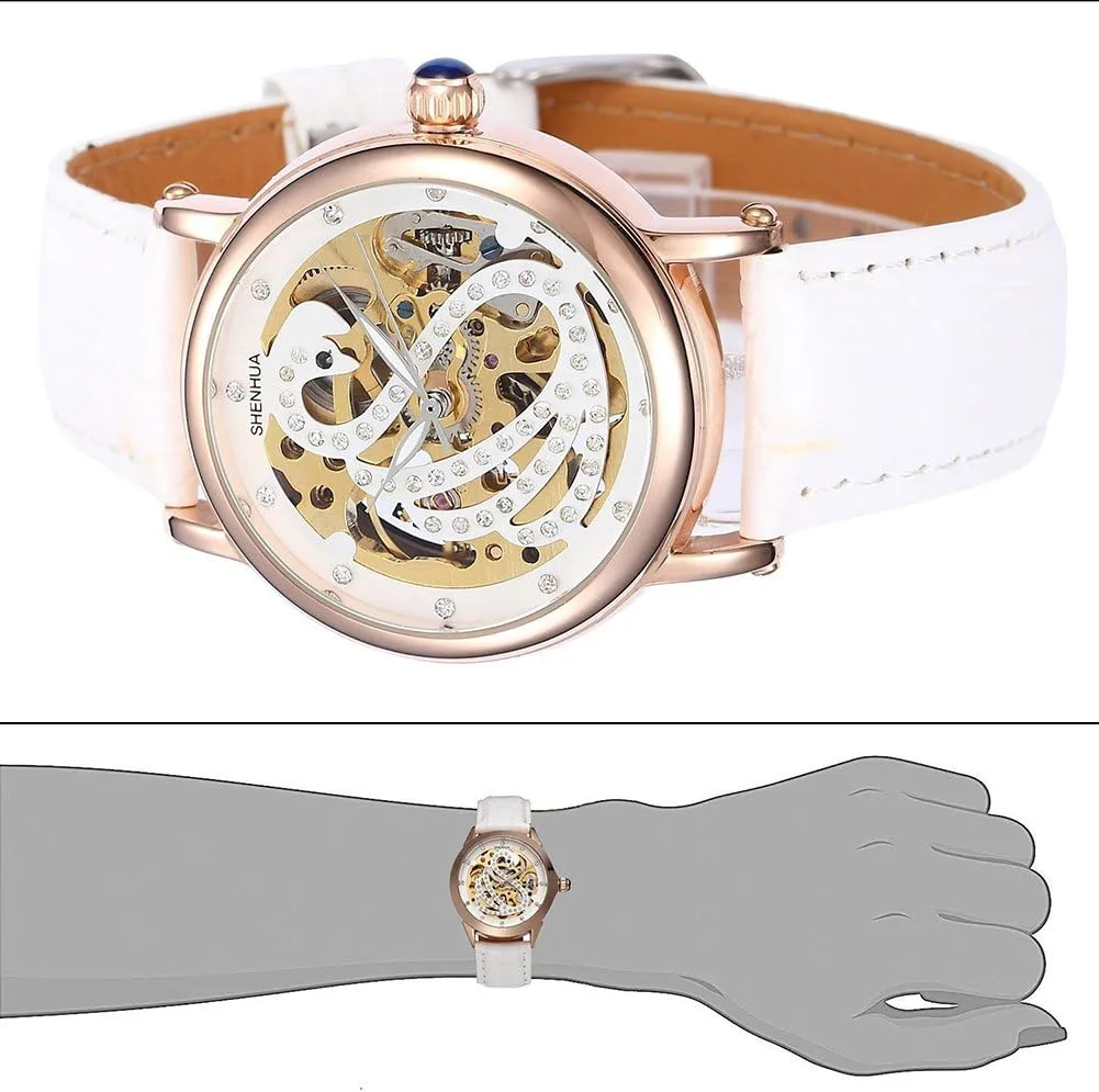 Gold Automatic Mechanical Skeleton Wrist Watches for Women Diamond Ladies Watches bore subtract chant MASTOP Women Fashion Rose 