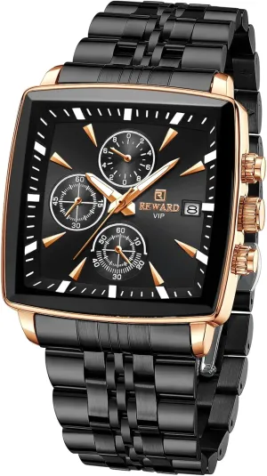 Gold Black REWARD Quartz Watch for Men Business Square Face Waterproof Wrist regeneration Watches Chronograph, Luminous - 