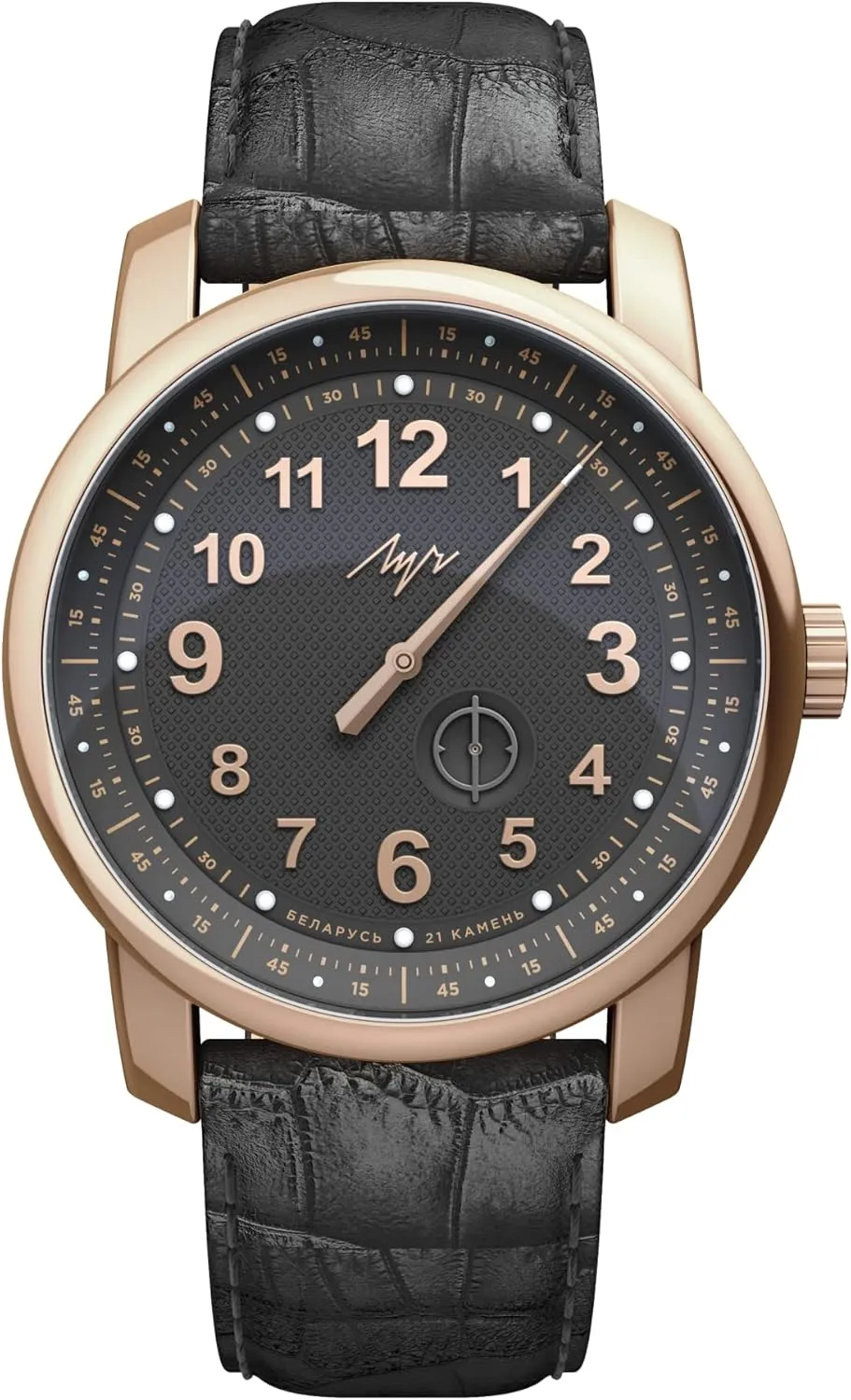 Gold Case Luch Watch Big One Hand Miyota Automatic Movement 21 Jewels march warm stream Black Dial Leather Strap Stainless Steel Rose 