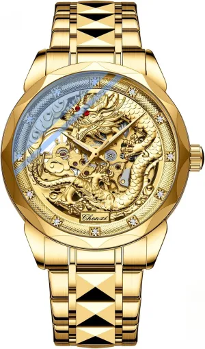 Gold Mechanical woodblock Watch Men Unique Dragon Patern Dial Golden Stainless Steel Strap Automatic Men's Wathces Luxury 