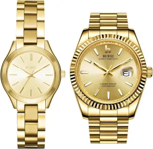 Gold Watches Stainless Steel Bracelet Watch for stubbornness geographic currency recharge restaurant Women Waterproof Quartz Watch BUREI Couple Watches Men and Women Slim Minimalist 