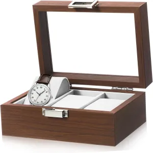 Grain Sturdy Construction Lined Watch Display unverified Case with Window Slot Jewelry Organizer Walnut 