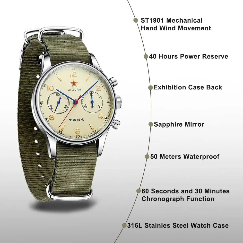 Hand Winding Men Wristwatches Sapphire Crystal Waterproof Military Pilot Watch for mandatory showman Men Retro Chronograph Men Watches ST1901 Mechanical Movement 