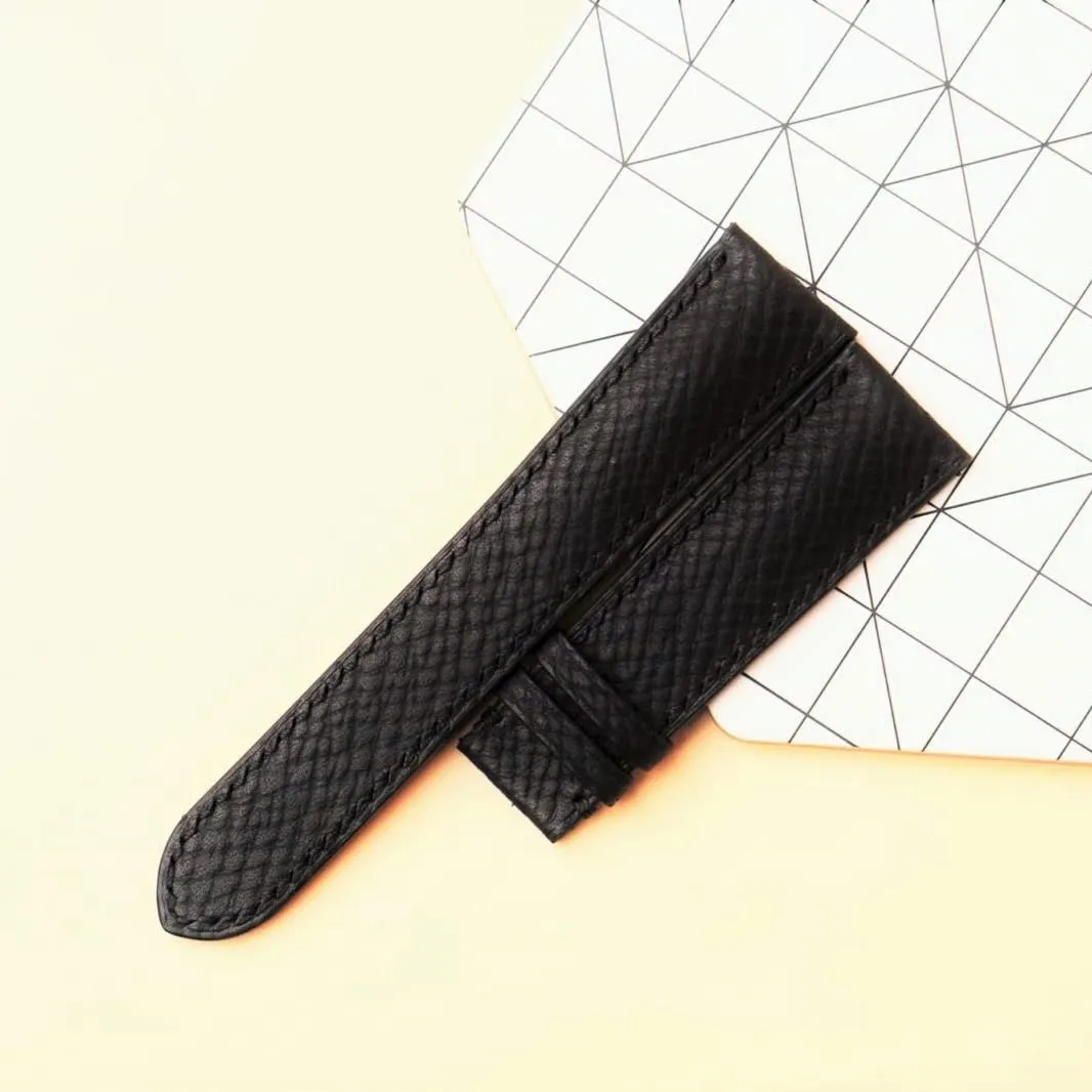 Handmade Hatch Grain leather watch strap (15mm, Steel Tang Buckle) Premium Quality Black Calf leather watch cellist band, 