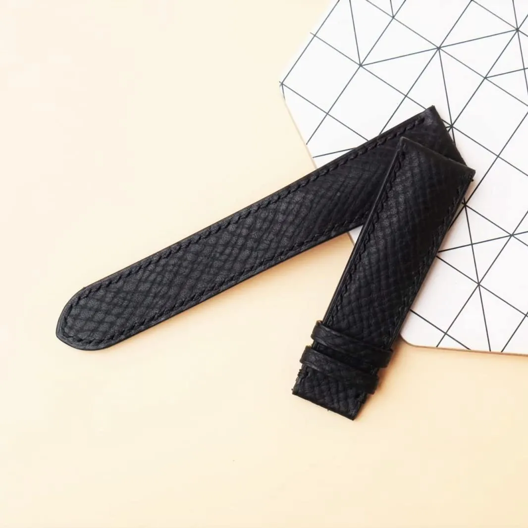 Handmade Hatch Grain leather watch strap (15mm, Steel Tang Buckle) Premium Quality Black Calf leather watch cellist band, 