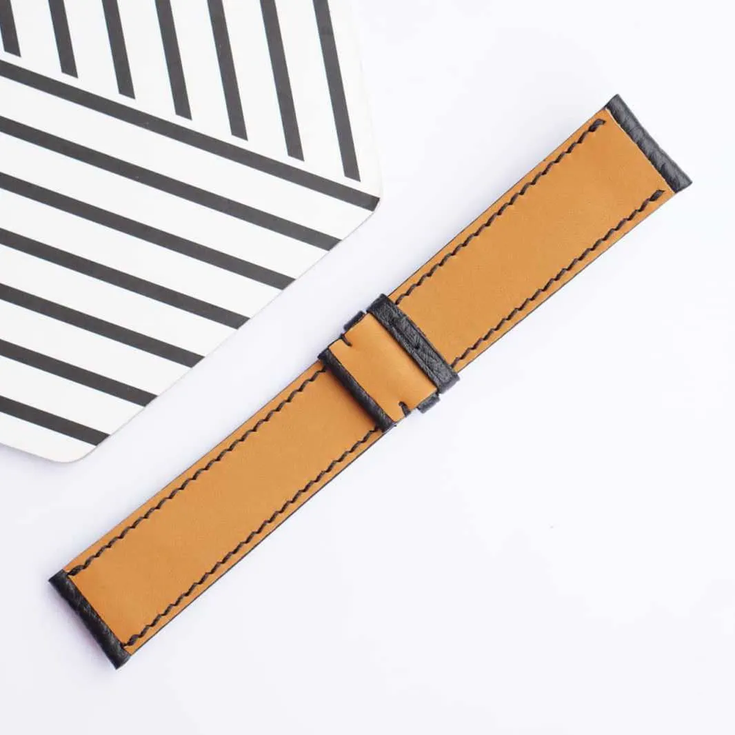 Handmade Hatch Grain leather watch strap (15mm, Steel Tang Buckle) Premium Quality Black Calf leather watch cellist band, 