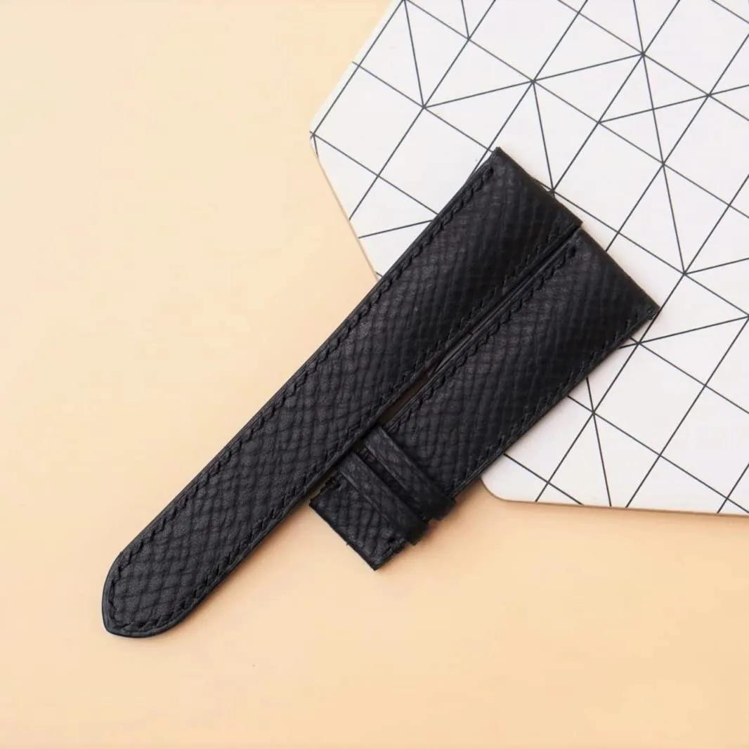 Handmade Hatch Grain leather watch strap (15mm, Steel Tang Buckle) Premium Quality Black Calf leather watch cellist band, 