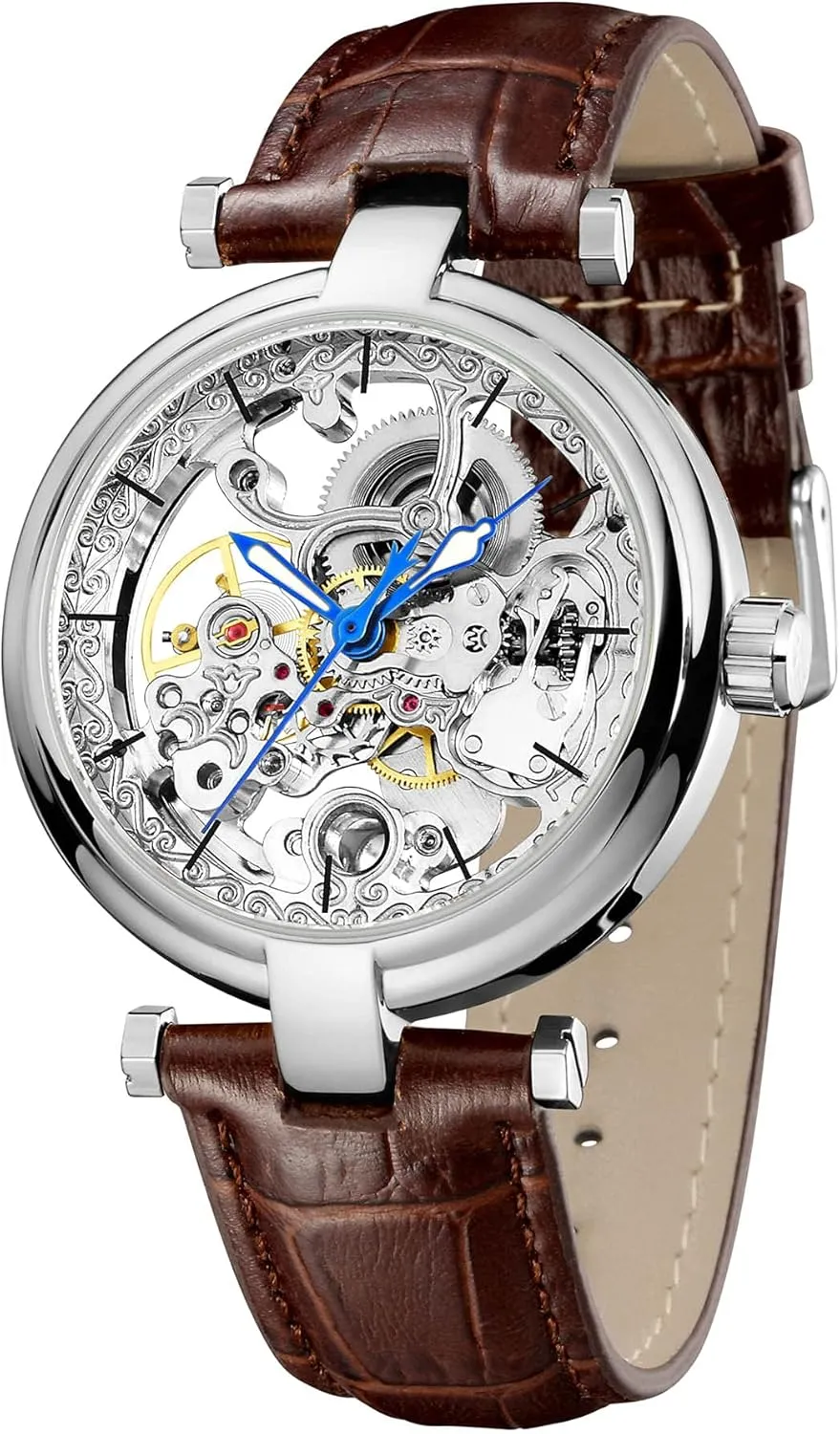 Hands Leather Strap Wrist-Watch interpretation receptive Carlien Skeleton Automatic Steampunk Watches Gold-Tone Luminous 