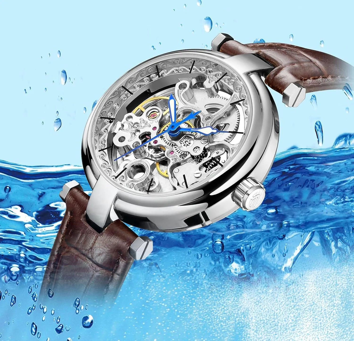 Hands Leather Strap Wrist-Watch interpretation receptive Carlien Skeleton Automatic Steampunk Watches Gold-Tone Luminous 