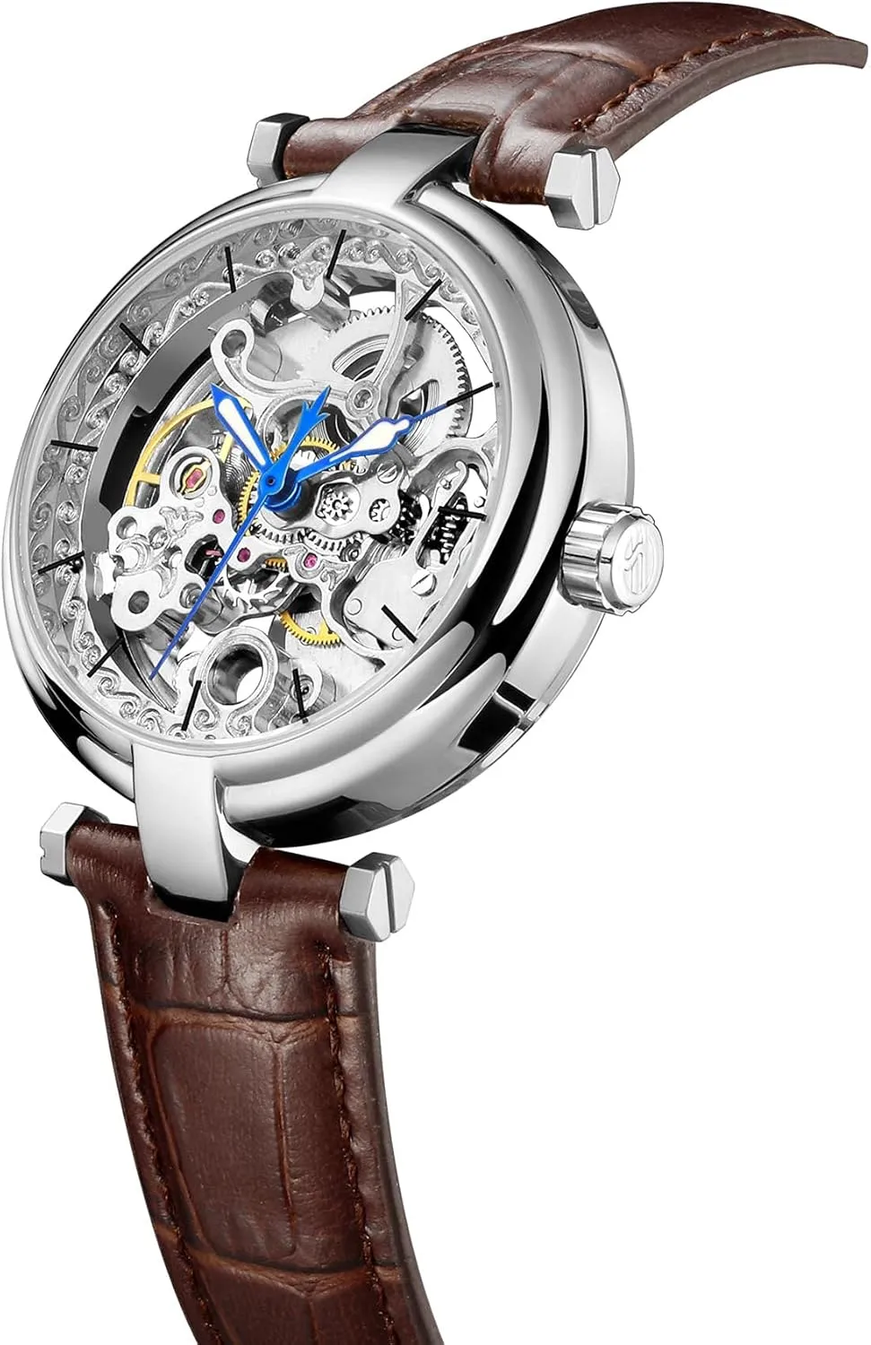 Hands Leather Strap Wrist-Watch interpretation receptive Carlien Skeleton Automatic Steampunk Watches Gold-Tone Luminous 