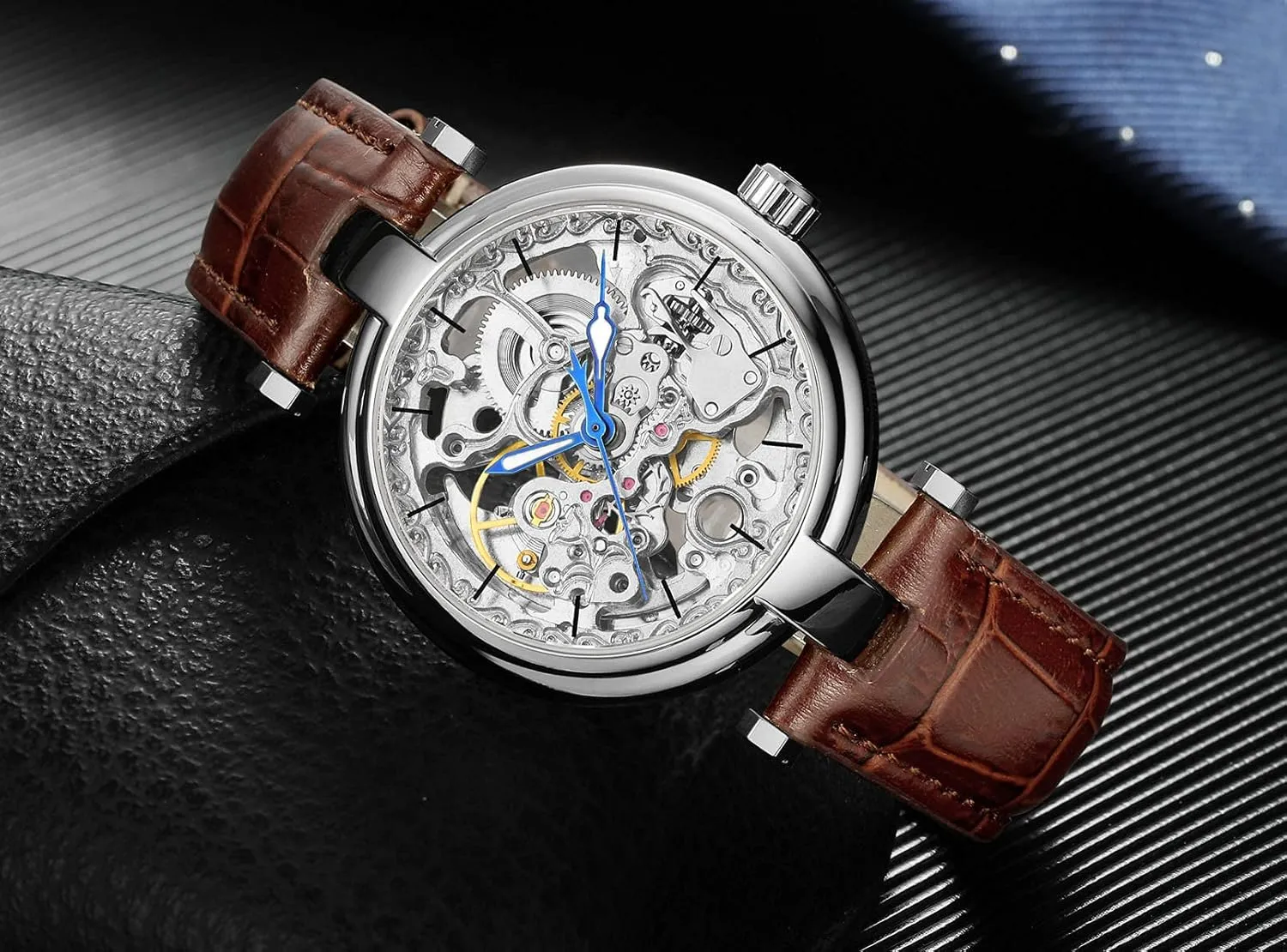 Hands Leather Strap Wrist-Watch interpretation receptive Carlien Skeleton Automatic Steampunk Watches Gold-Tone Luminous 