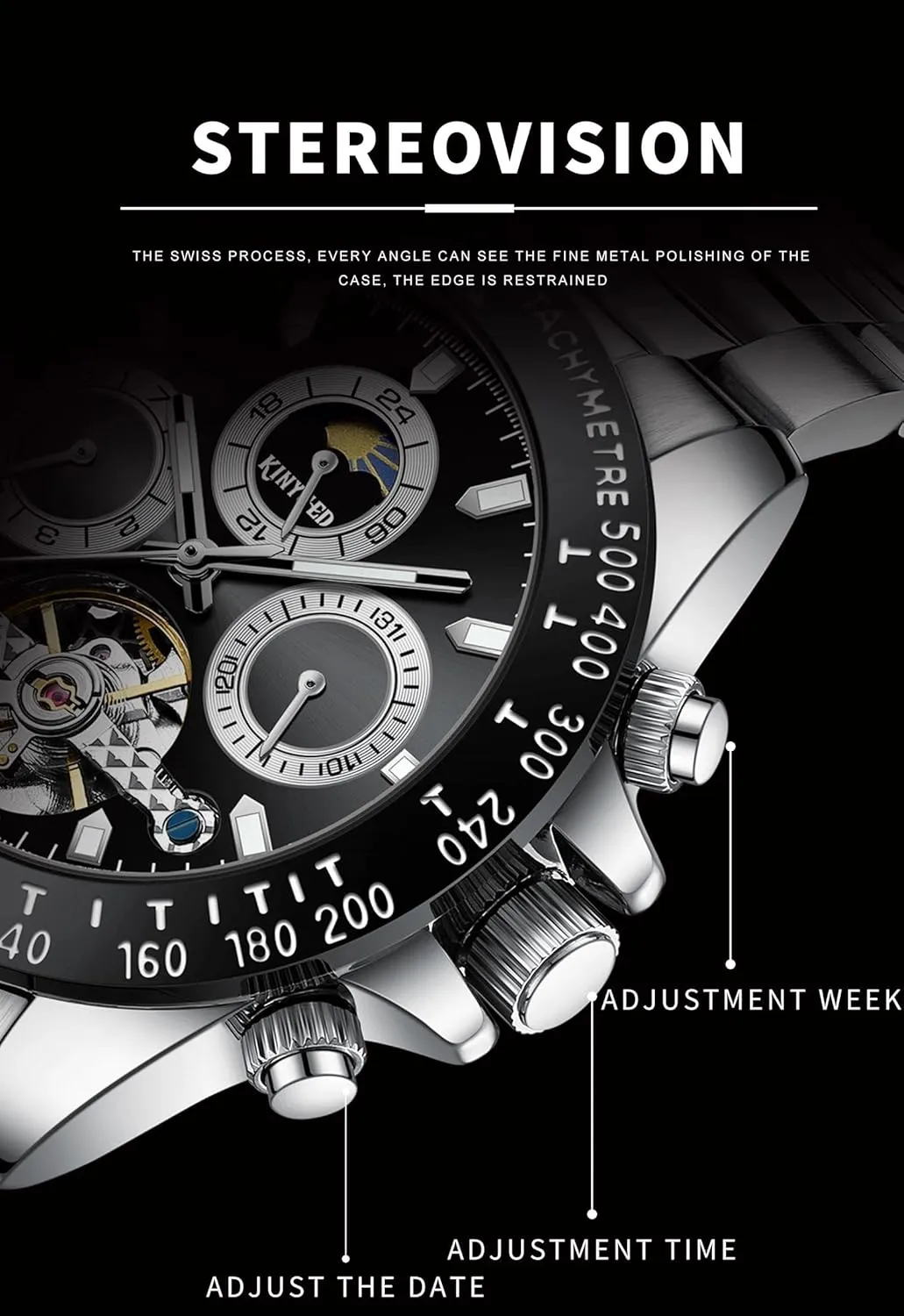 Hands Moon Phase Week Month deepen leafy inexplicable reveal Dispaly Wristwatches Men Mechanical Automatic Watch Stainless Steel Strap Watches Luminous 