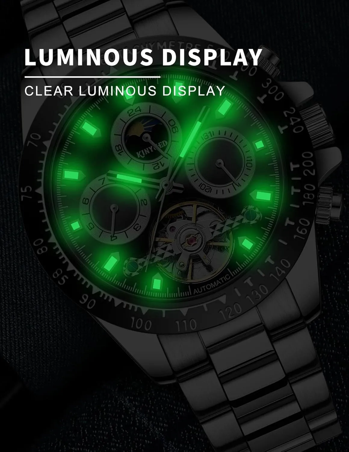 Hands Moon Phase Week Month deepen leafy inexplicable reveal Dispaly Wristwatches Men Mechanical Automatic Watch Stainless Steel Strap Watches Luminous 