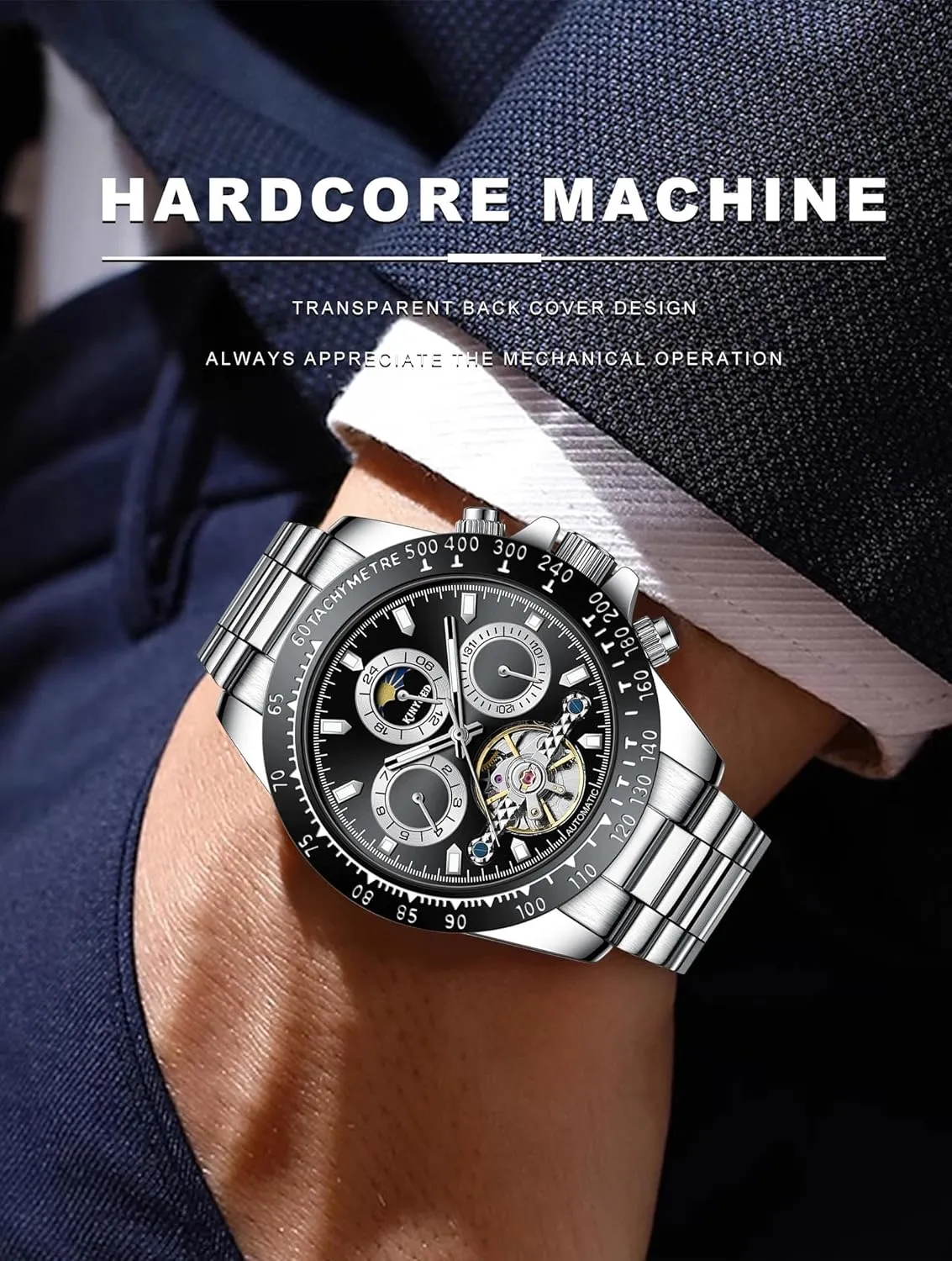 Hands Moon Phase Week Month deepen leafy inexplicable reveal Dispaly Wristwatches Men Mechanical Automatic Watch Stainless Steel Strap Watches Luminous 