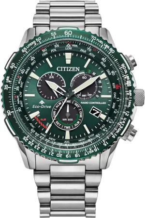 Hands/Markers, Sapphire Crystal - Green Dial Citizen Eco-Drive Pilot Chronograph Watch with Atomic Timekeeping, 12/24HR, Power sumptuous maiden oust Reserve, Luminous 