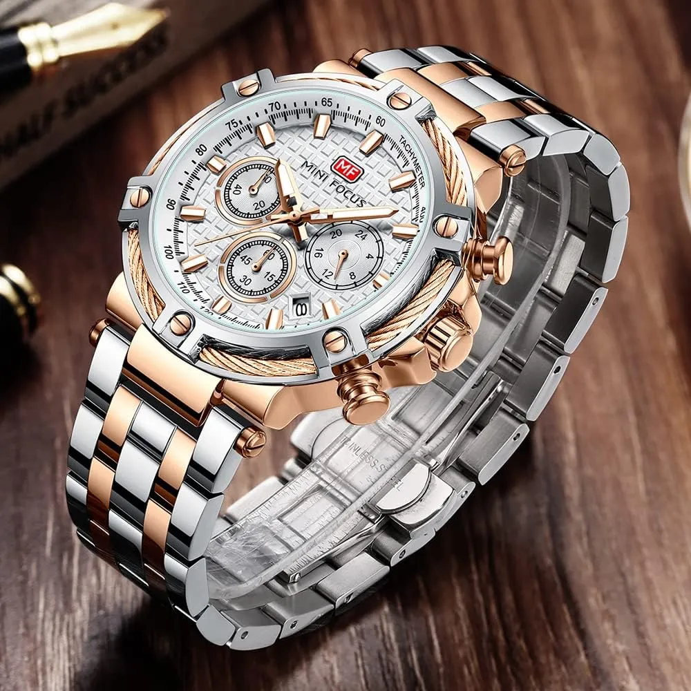 hinterland for Men MF MINI FOCUS Business Men Watches (Chronograph/Waterproof/Luminous/Calendar/24 Hours) Big Face Stainless Steel Band Watches 