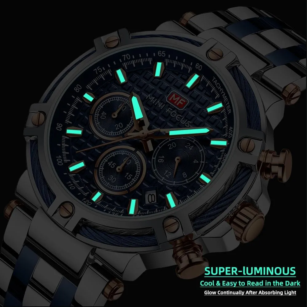 hinterland for Men MF MINI FOCUS Business Men Watches (Chronograph/Waterproof/Luminous/Calendar/24 Hours) Big Face Stainless Steel Band Watches 