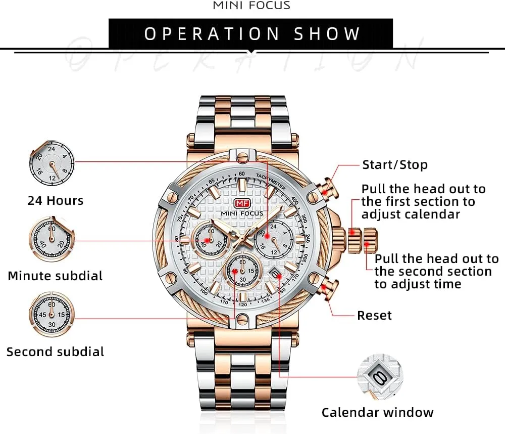 hinterland for Men MF MINI FOCUS Business Men Watches (Chronograph/Waterproof/Luminous/Calendar/24 Hours) Big Face Stainless Steel Band Watches 