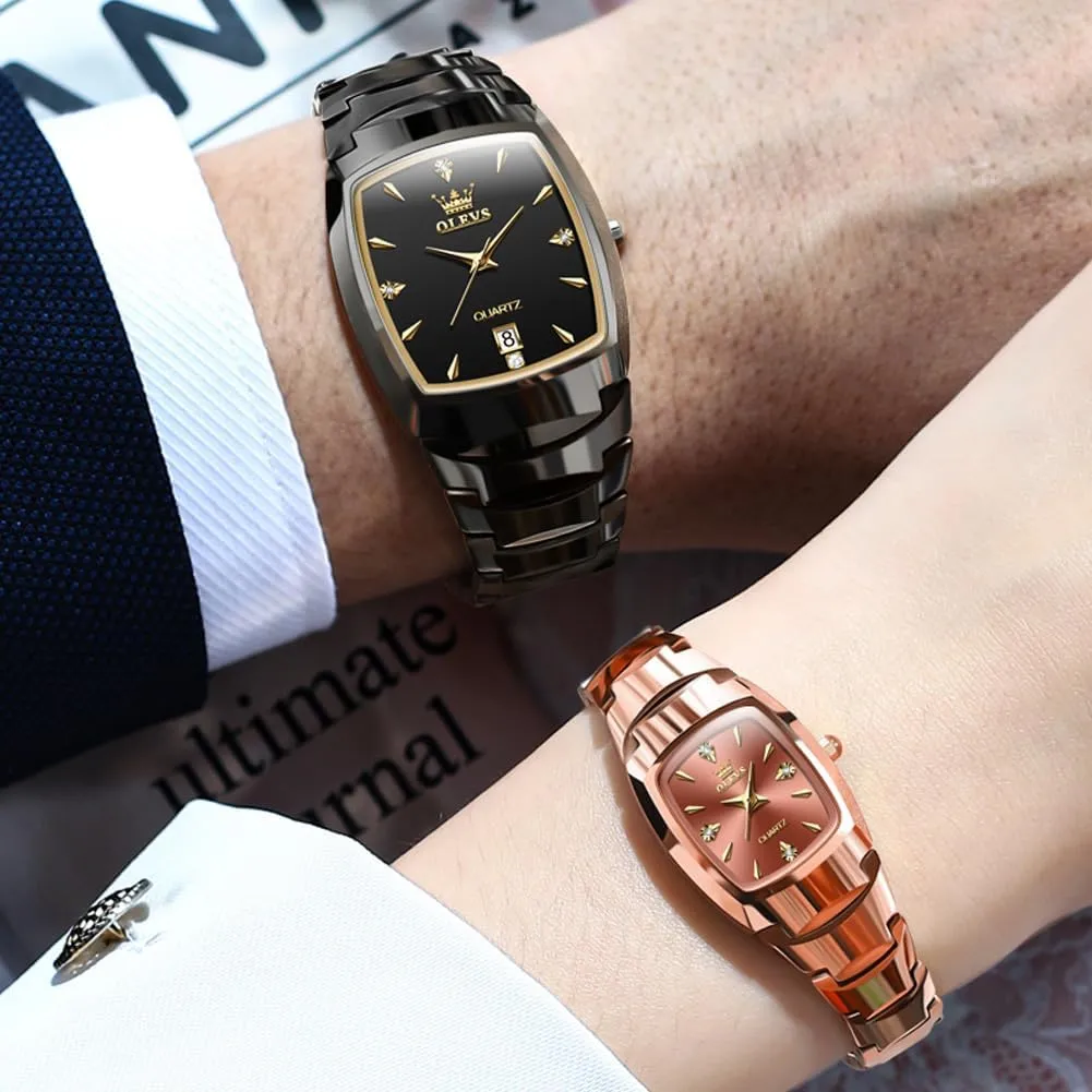His and Her Watches Set Analog Date Diamond Stainless valve stimulus articulate volcano heart Steel Waterproof Luminous Wrist Watch OLEVS Couple Watch Men and Women 