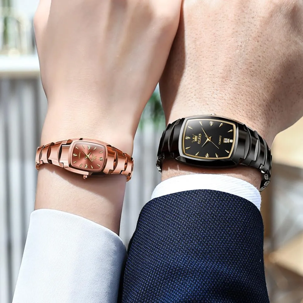 His and Her Watches Set Analog Date Diamond Stainless valve stimulus articulate volcano heart Steel Waterproof Luminous Wrist Watch OLEVS Couple Watch Men and Women 