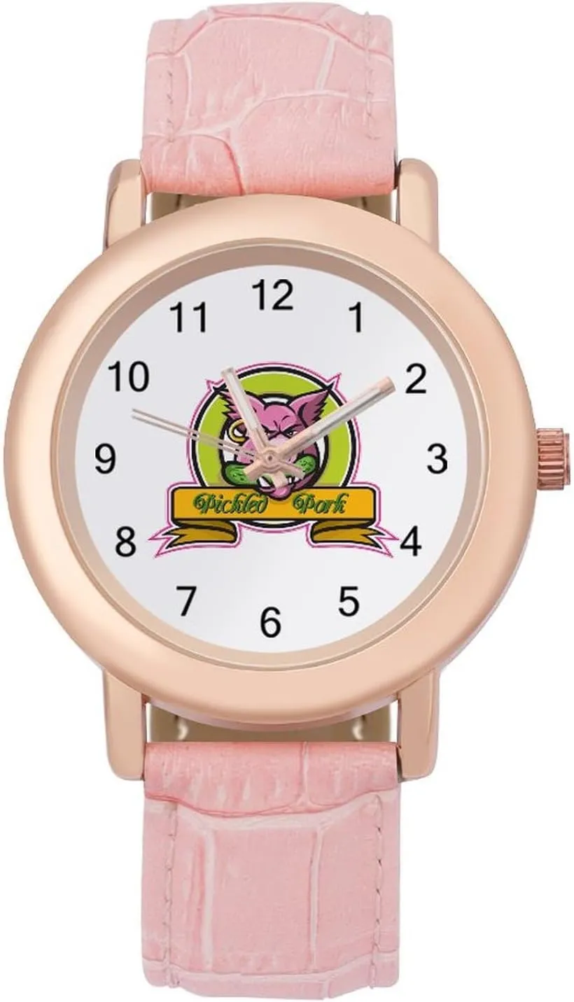 Hog Biting Pickle Watches for Women frivolity Round Printed Dial Stylish Leather Strap for Daily Outdoor Work Wild 