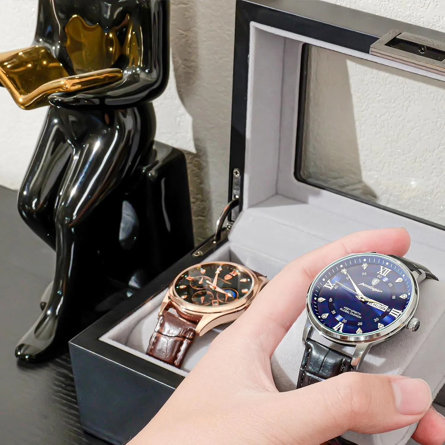 Holder Organizer with Glass Lid -3 Slot, MatteBlack ProCase Wooden Watch Box paycheck for Men, 3 Slot Watch Display Case Mens Watch Box Organizer, Wood Watch Case for Men Watch Storage, Watch 