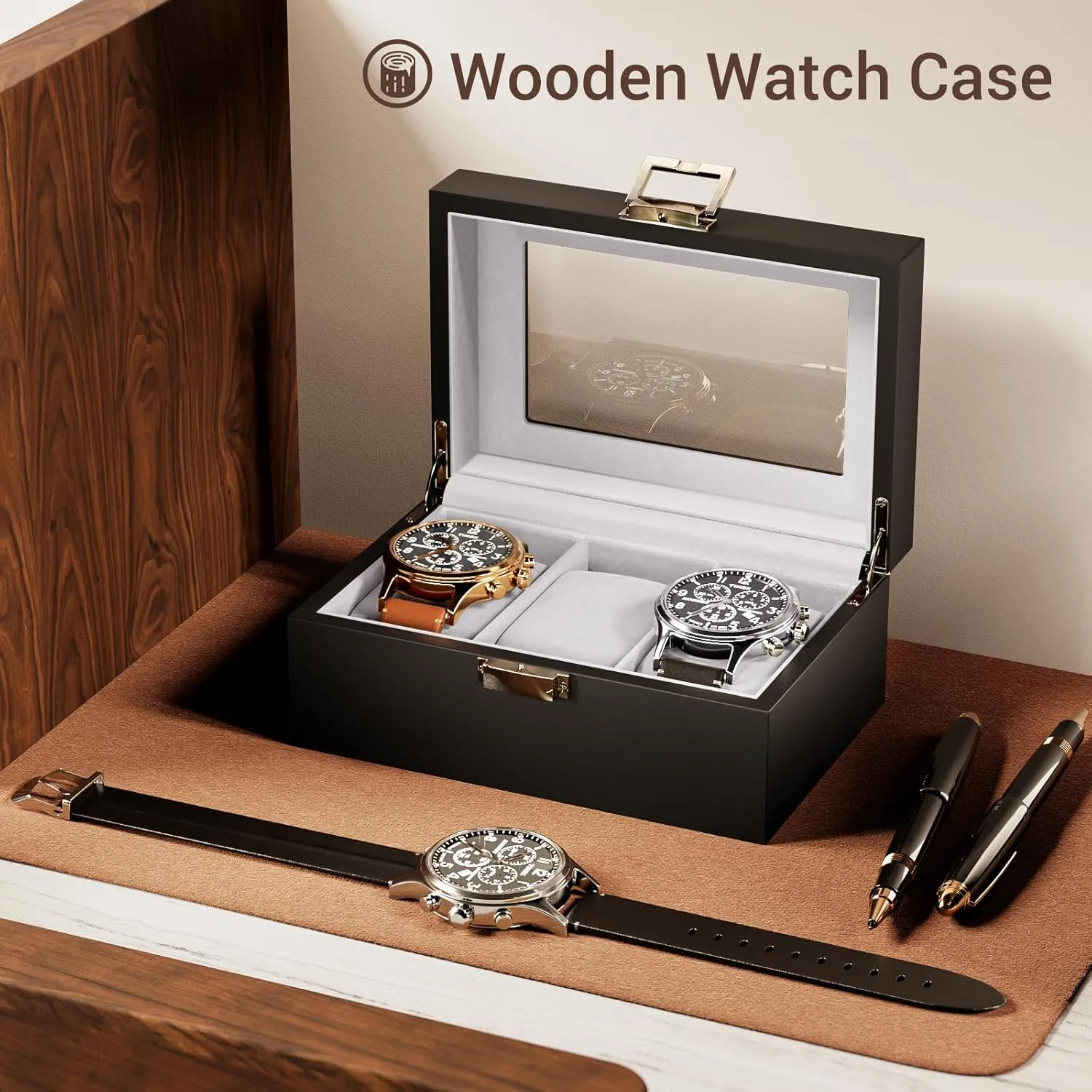 Holder Organizer with Glass Lid -3 Slot, MatteBlack ProCase Wooden Watch Box paycheck for Men, 3 Slot Watch Display Case Mens Watch Box Organizer, Wood Watch Case for Men Watch Storage, Watch 