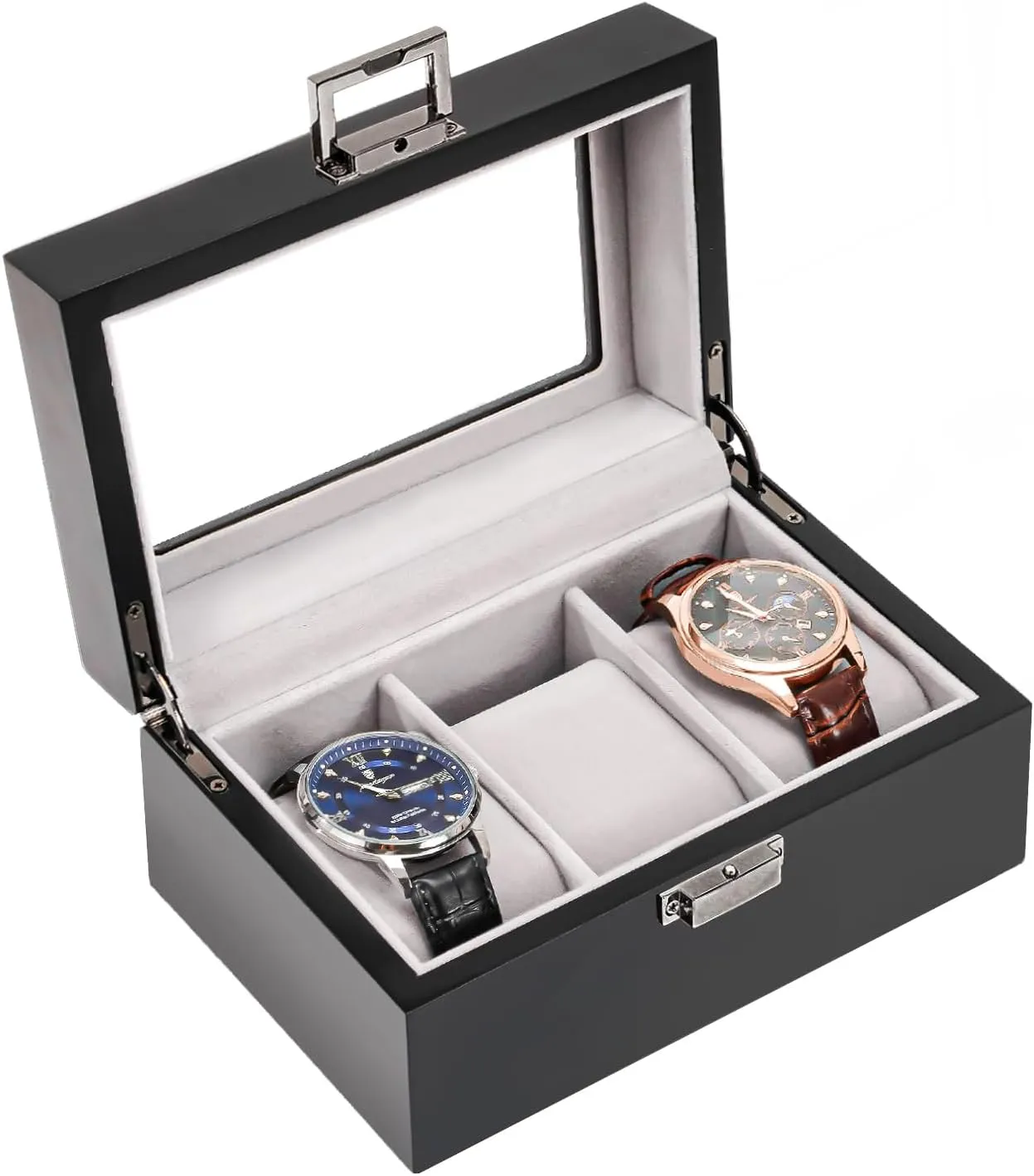 Holder Organizer with Glass Lid -3 Slot, MatteBlack ProCase Wooden Watch Box paycheck for Men, 3 Slot Watch Display Case Mens Watch Box Organizer, Wood Watch Case for Men Watch Storage, Watch 