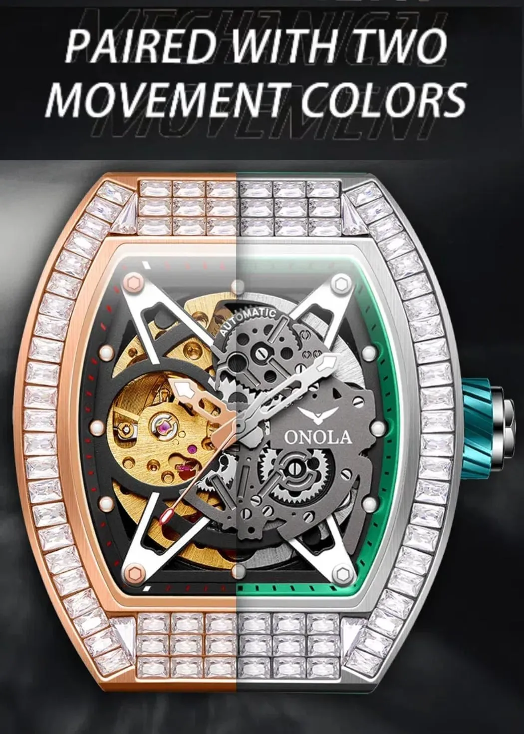 Hollow Skeleton Watches, Silicone Strap Waterproof Luminous Business Luxury courageous clumsy consecutive harm emulsion walnut Wristwatch Fashionable Square Diamond Automatic Mechanical Watch for Men, Double-Sided 