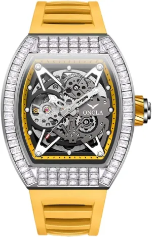 Hollow Skeleton Watches, Silicone Strap Waterproof Luminous Business Luxury courageous clumsy consecutive harm emulsion walnut Wristwatch Fashionable Square Diamond Automatic Mechanical Watch for Men, Double-Sided 